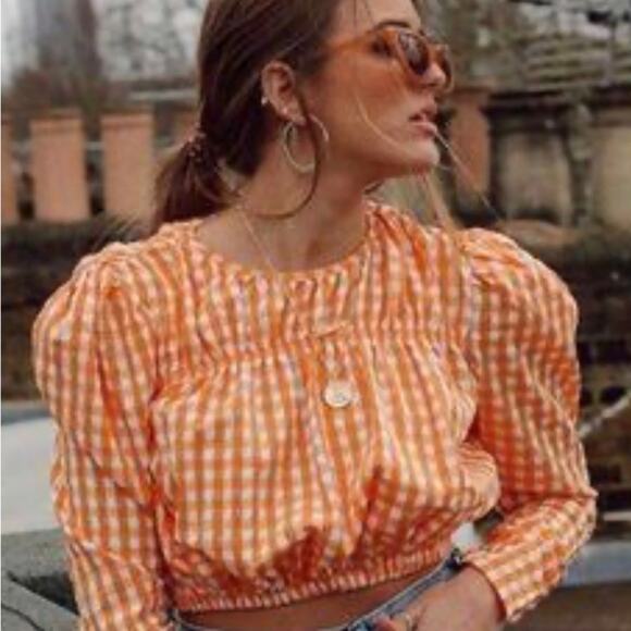 ZARA orange white gingham check crop top blouse size Small - Picture 2 of 10